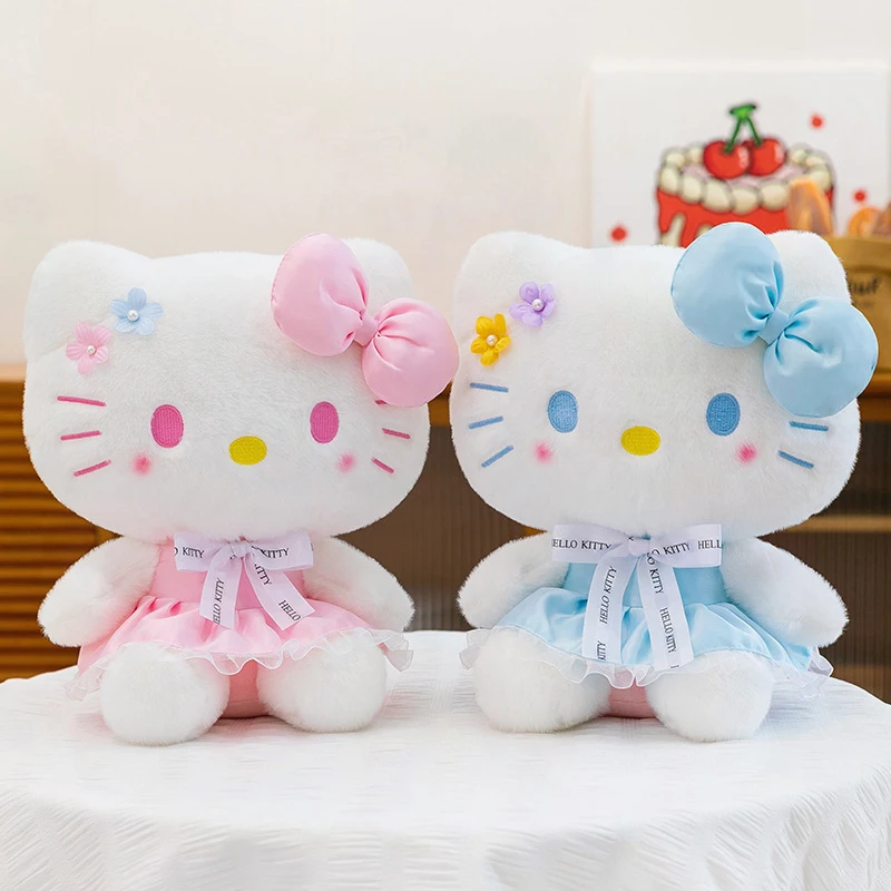 

Kawaii плюшевая игрушка Sanrio с лентой и цветком, кукла HelloKitty, платье с бантом, чучело, милый HelloKitty для детей, подарок на день рождения, мягкая кукла