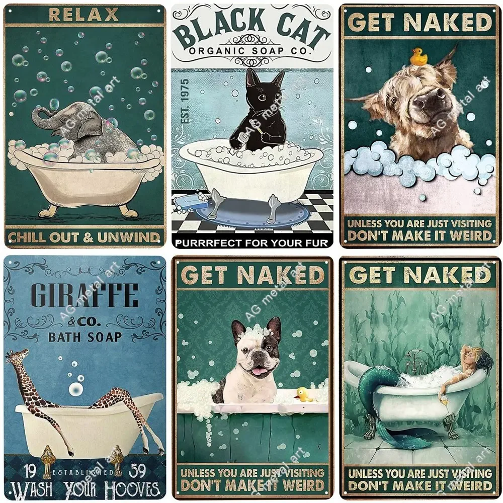 

Cat Bath Soap Vintage Metal Tin Sign Get Naked Art Poster Wash Your Paws Plauqe Wall Decor for Bar Cafe Home Farmhouse Posters