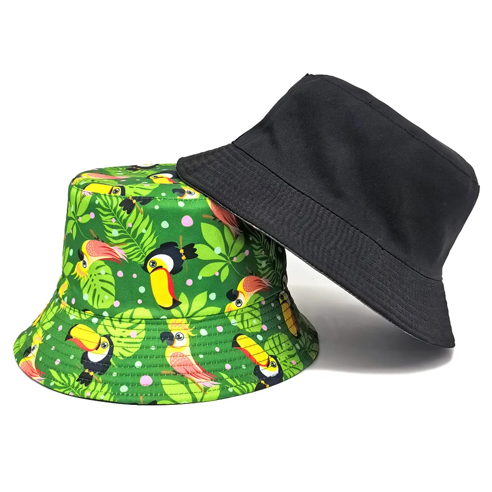 Green Leaf and Bird Pattern Bucket Hats Women Men Fashion Decorate Panama Summer Sunscreen Fisherman Caps Travel Beach Sunshade