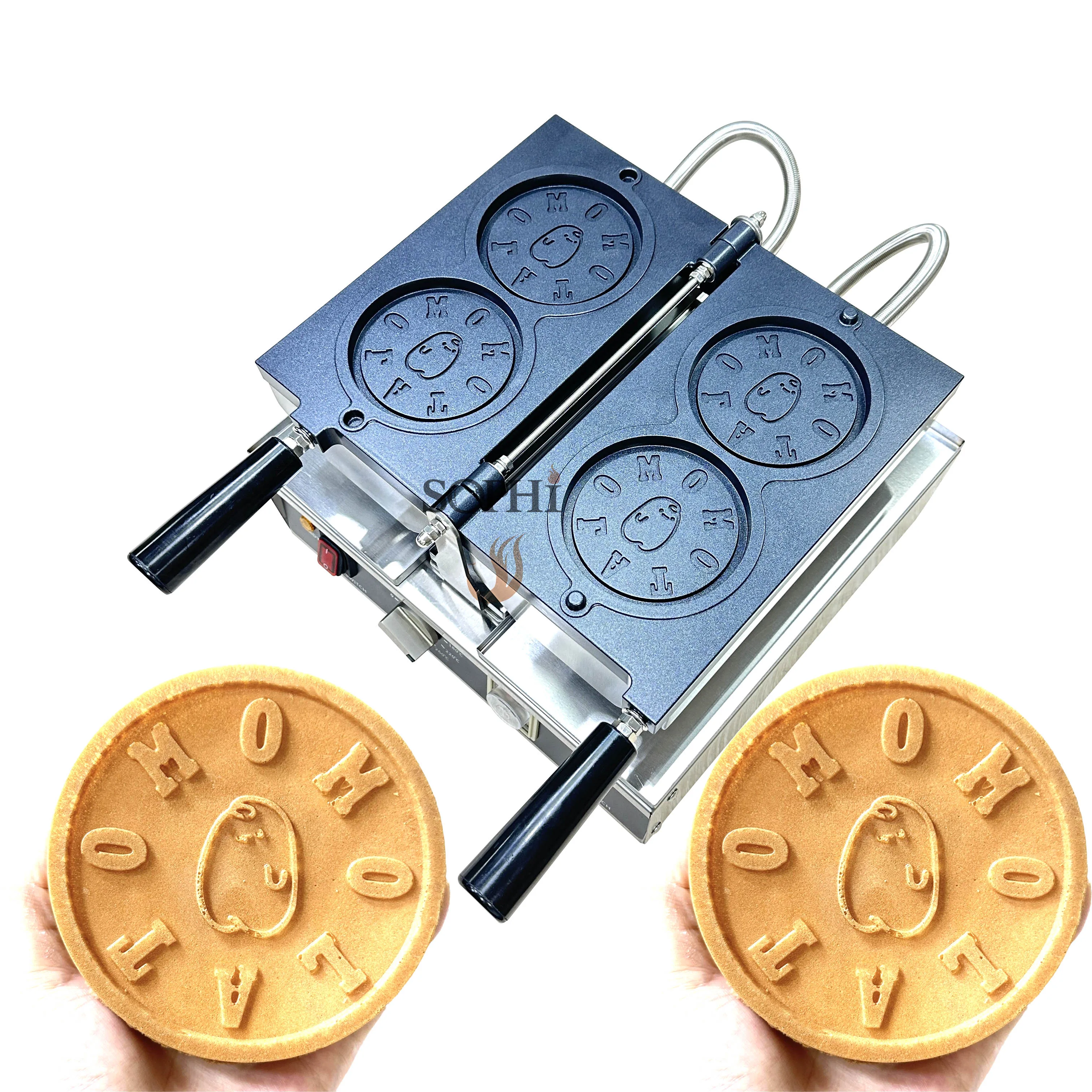 Professional Restaurant Equipment Electric 2pcs Japanese Cheese Gold Coin Pancake Waffle Maker With Customize logo