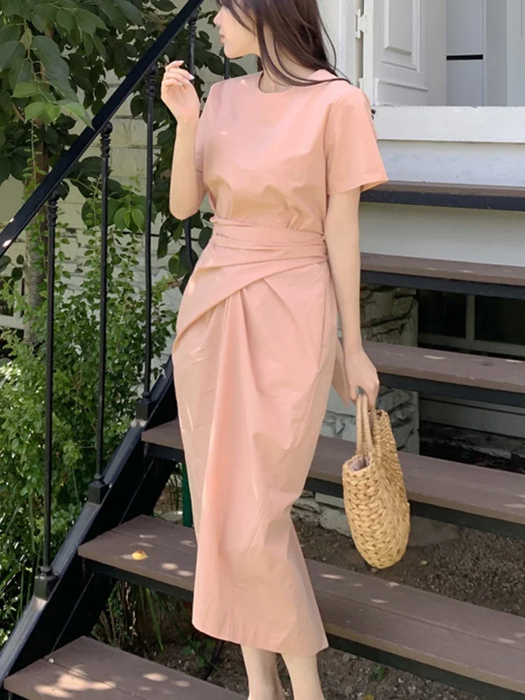 Summer New Solid Color Slim Women Dress Street Apricot Pink O-neck Dresses Female Chic Casual Simple Basic Fashion Woman Dress