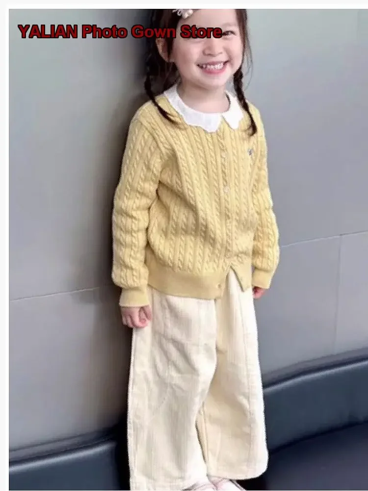 Girls Yellow Cable Knit Pants Apricot Corduroy Casual Pants Korean Style 2026