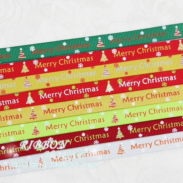 Merry Christmas Letter Printed Satin Ribbons 10mm 2 Meters Red Green Yellow Christmas Ribbon Decorative Gift Packing Crafts