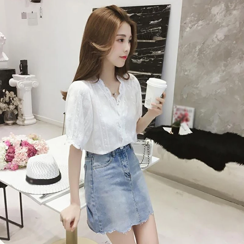 Summer Women V-Neck Blouse Casual Lace Hollow Out Sweet Loose Top Female Half Sleeves Solid Office Blouse Shirts