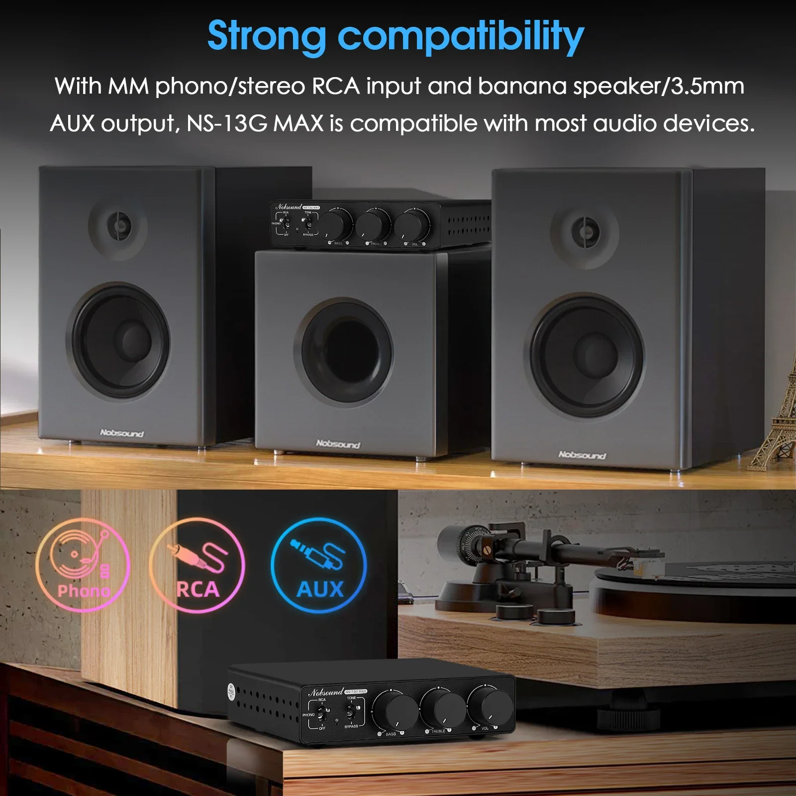 Nobsound NS-13G-MAX HiFi 2-Channel TPA3255 Phono Stereo Audio Amplifier Mini Class D Power Amp 300W*2