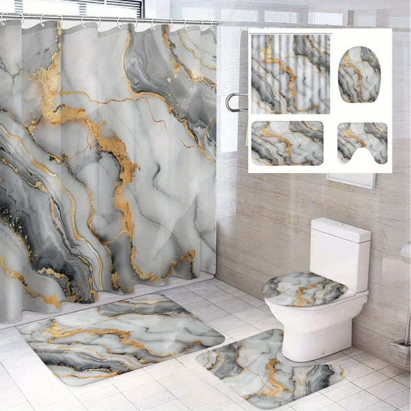 1/4pcs White Large Pattern Print Shower Curtain, Modern Decoration, Polyester Set, with 12 Hooks, Bathroom Non