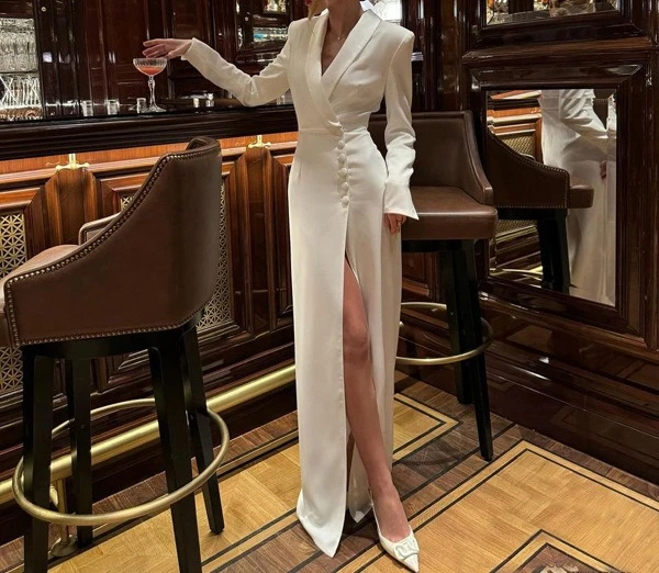 الربيع والخريف جديد فستان الحفلات المرأة الراقية الخامس الرقبة طويلة الأكمام مزاجه عالية الخصر شق فستان فرنسي #3