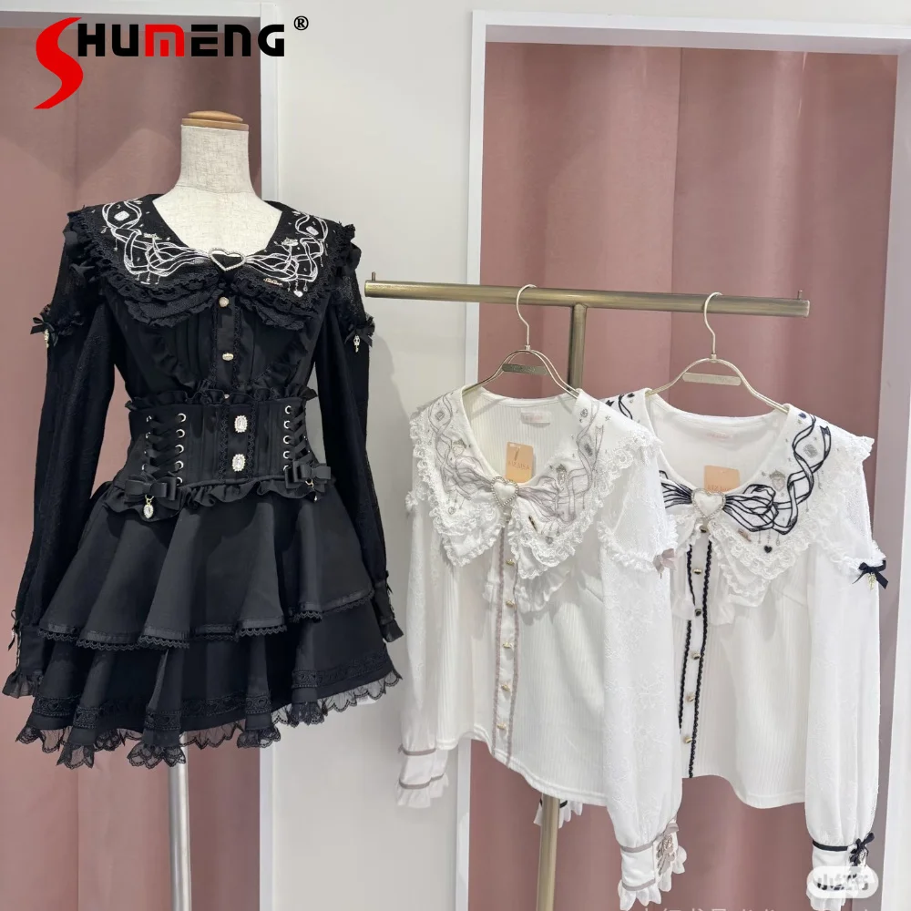 

LIZ Star Moon Gemstone Blouse Japanese Sweet Cute Embroidered Navy Collar Long Sleeve Heart Bow Versatile Lolita Shirt Top Women