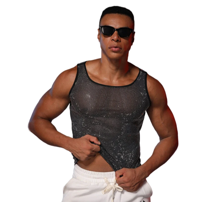 Herren Glitzerndes Strass-Mesh-Tanktop, Durchsichtiges Glitzer-Party-Shirt, Nachtclub-Bühnen-Musikfestival-Rave-Performance-Clubwear – Detail 3