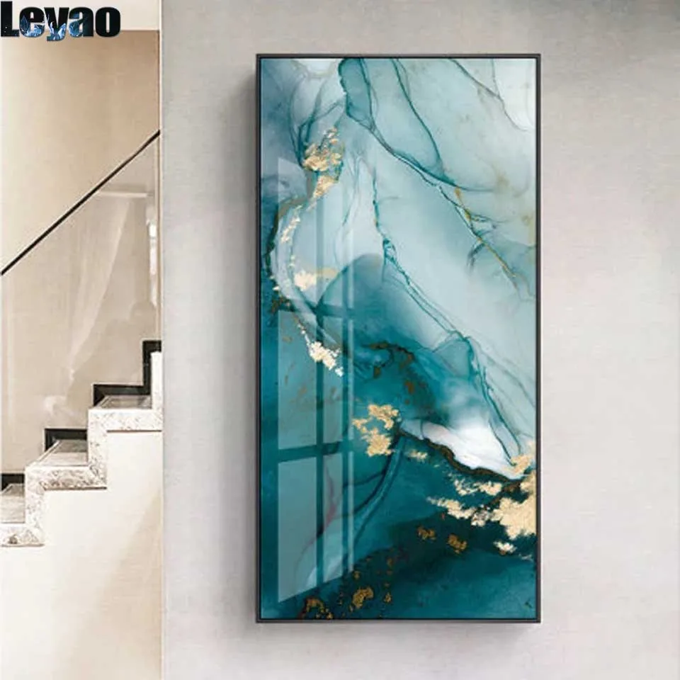 Modern abstract green gold leaf diamond painting art fashion blue diamond mosaic wall image for living room elegant home decor