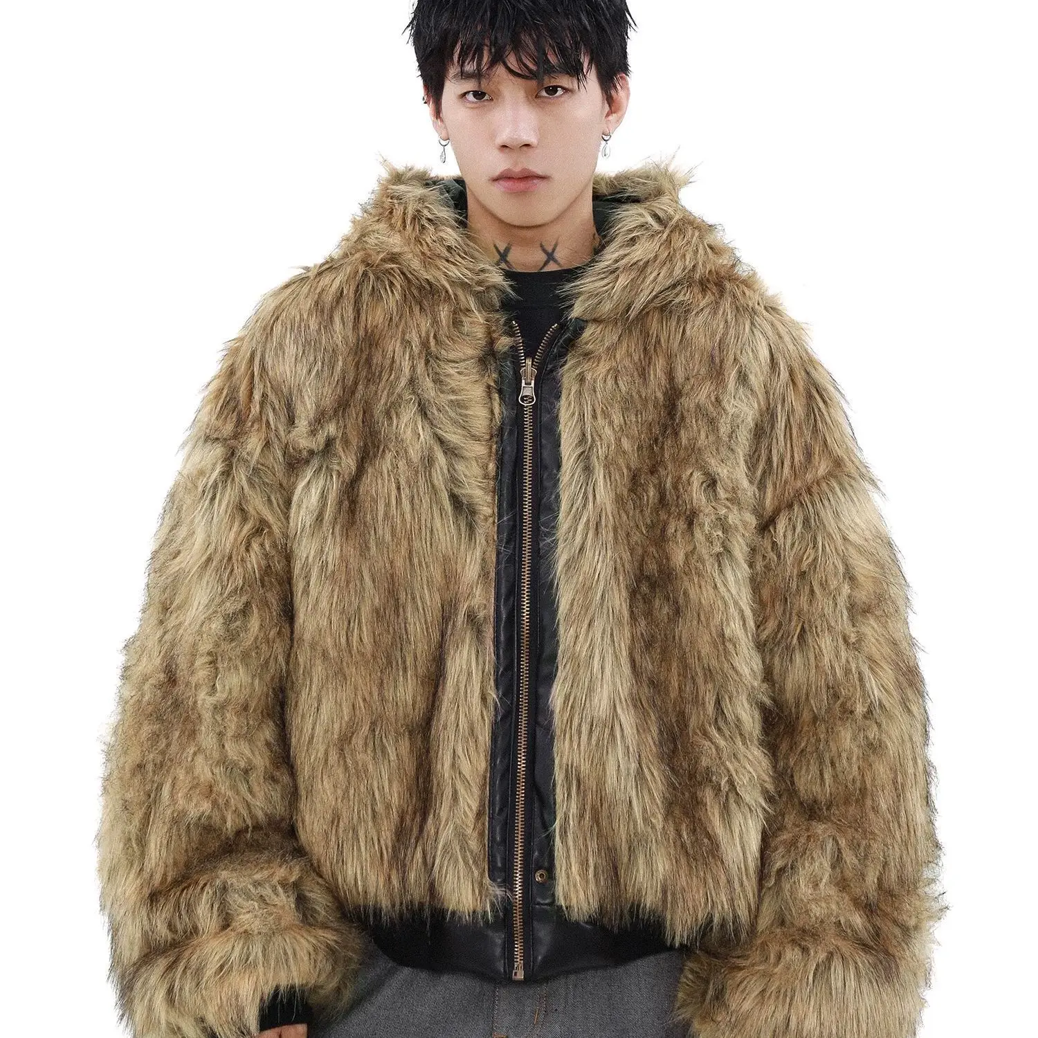 

Men's Winter Warm Faux Fur Parkas Fashion Fur Overcoat Cotton Padded Thick Thermal Stylish Leather Reversible Jacket Outerwear
