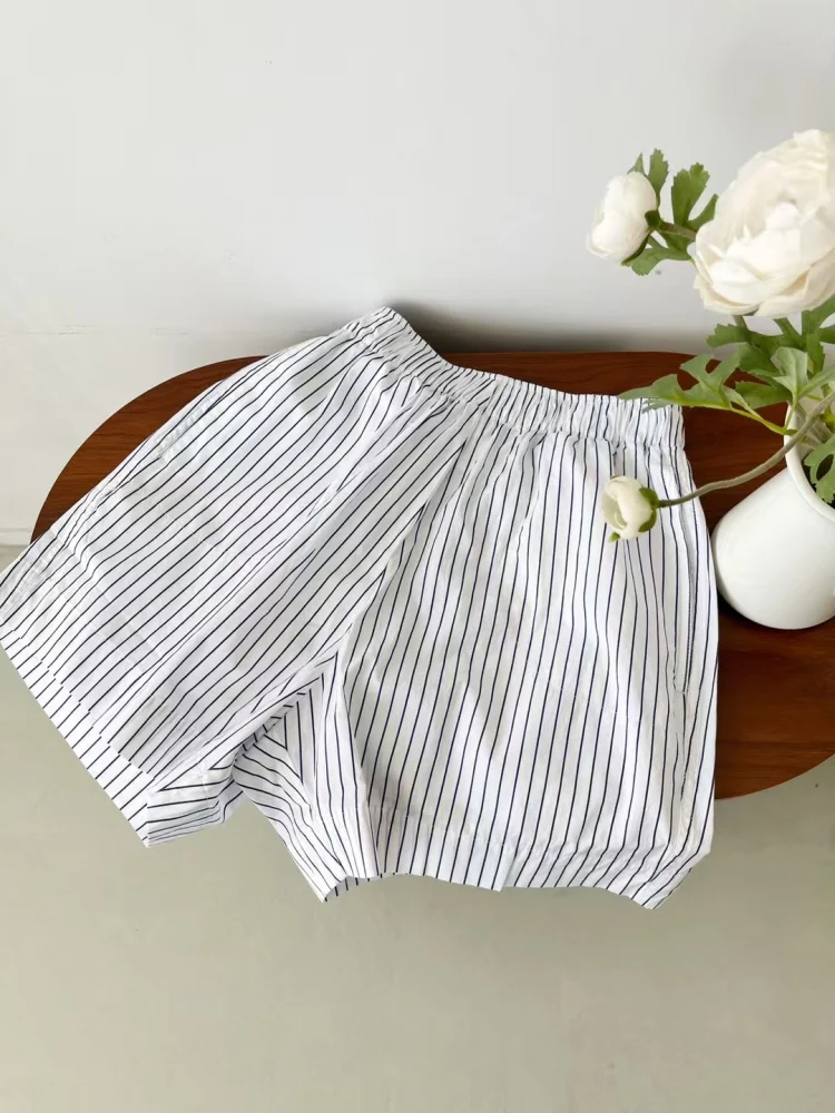 Pantaloni ort a gamba dritta in vita elastica a vita alta a righe in cotone allentato casual estivo Pantaloni coreani Sle Commute Faion