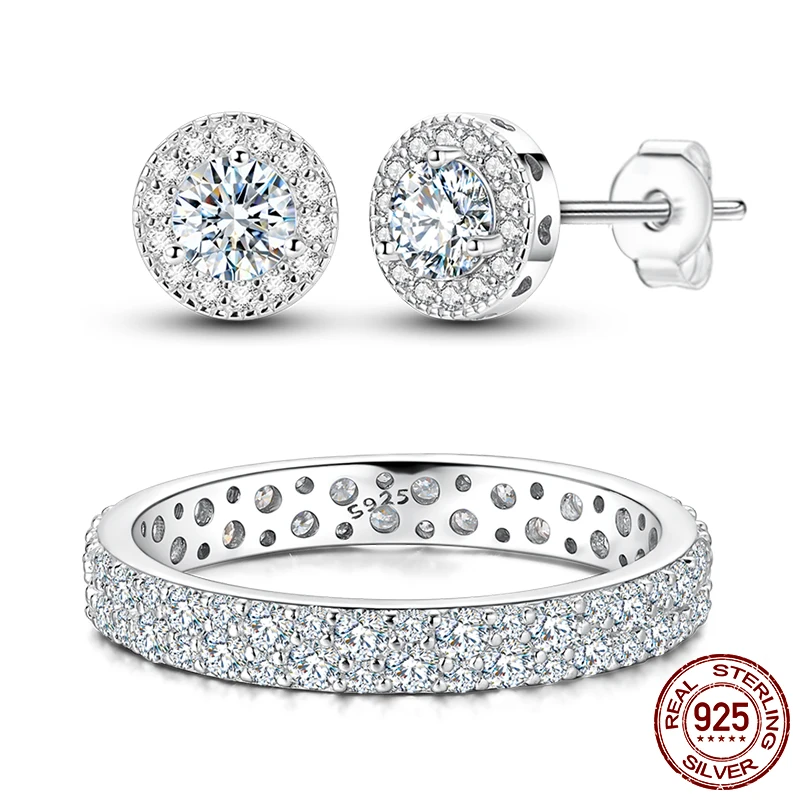 

100% 925 Sterling Silver Classic Round Cut Moissanite Stud Earrings Ring Set Platinum Lab Diamond For Women Wedding Jewelry Gift