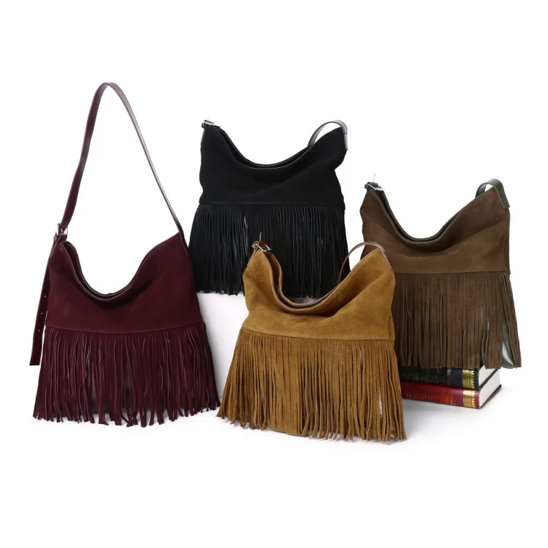 2024 New Genuine Leather Frosted Anti Velvet Tassel Bucket Bag, Fashionable Handbag Shoulder Bag Crossbody Bag For Women