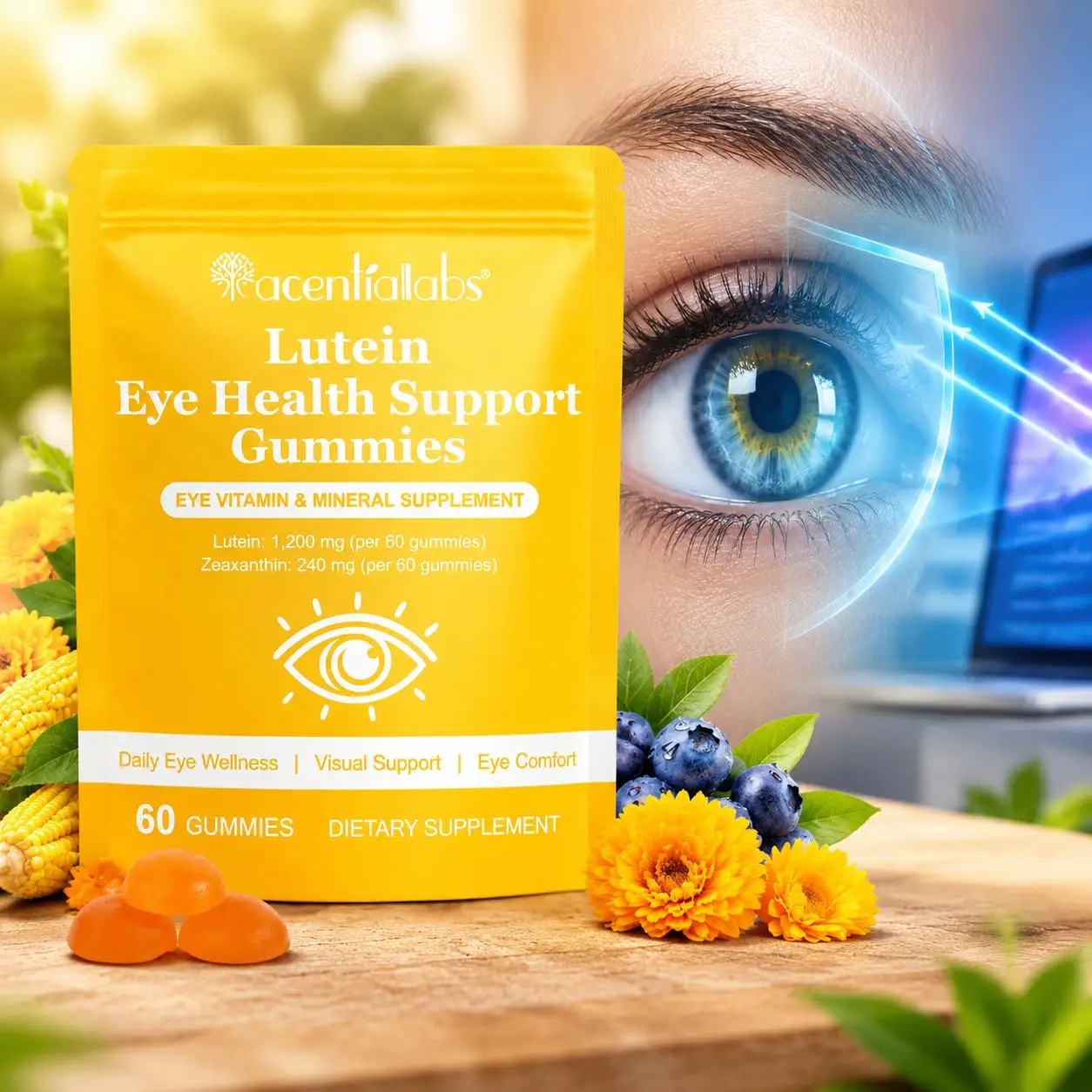 Lutein Eye Health Support Gummies Promote Visual Clarity&Blue Light Defense & Macular Health Zeaxanthin 60pcs for Screen Fatigue