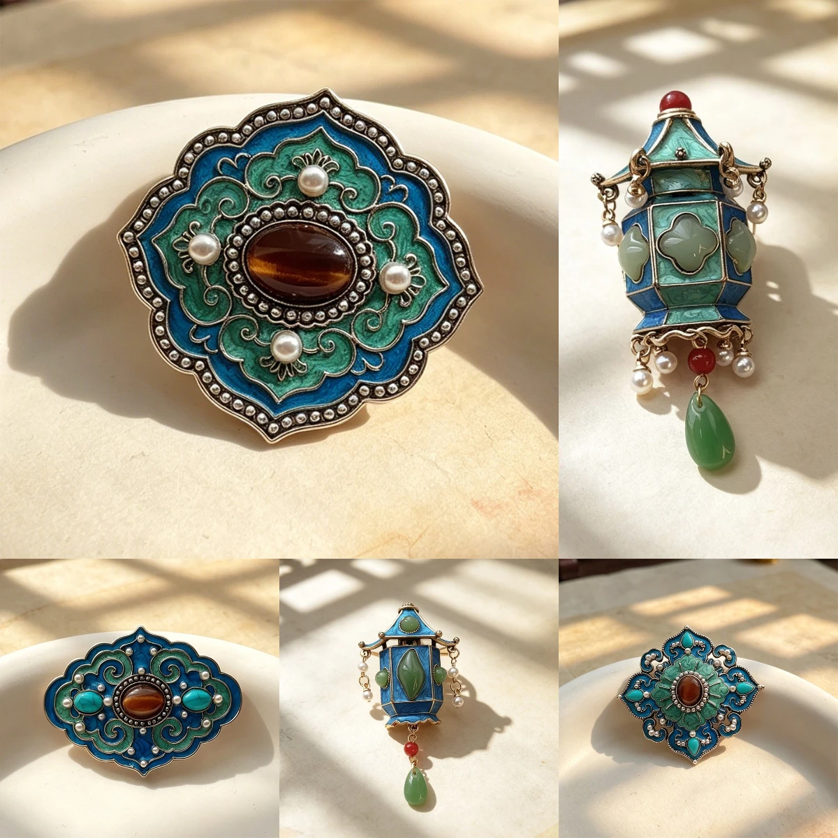 New Chinese style imitation enamel cloud patterned Ruyi Baoxiang flower brooch, imitation tiger eye stone decorative brooch