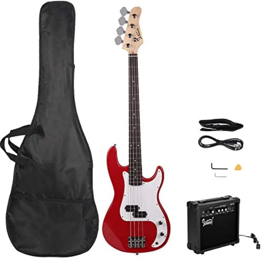 

Full Size Electric Bass Guitar Beginner Kit for practice and learning, basswood body, red finish, includes 20W amplifier, cable
