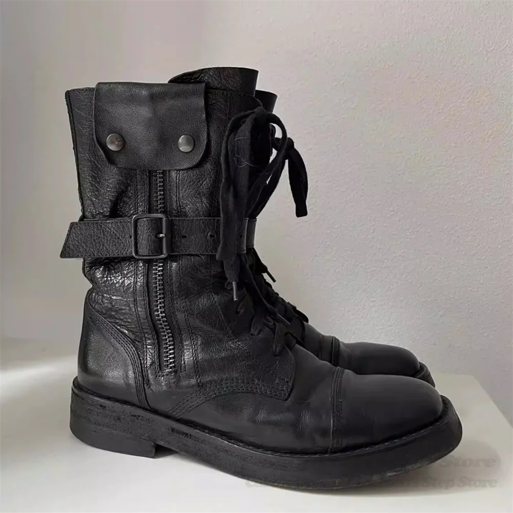 Retro Round Toe Black Leather Workwear Boots Men Rivets Belt Buckles Side Zipper Straps Punk Style Motorcycle Riding Boots
