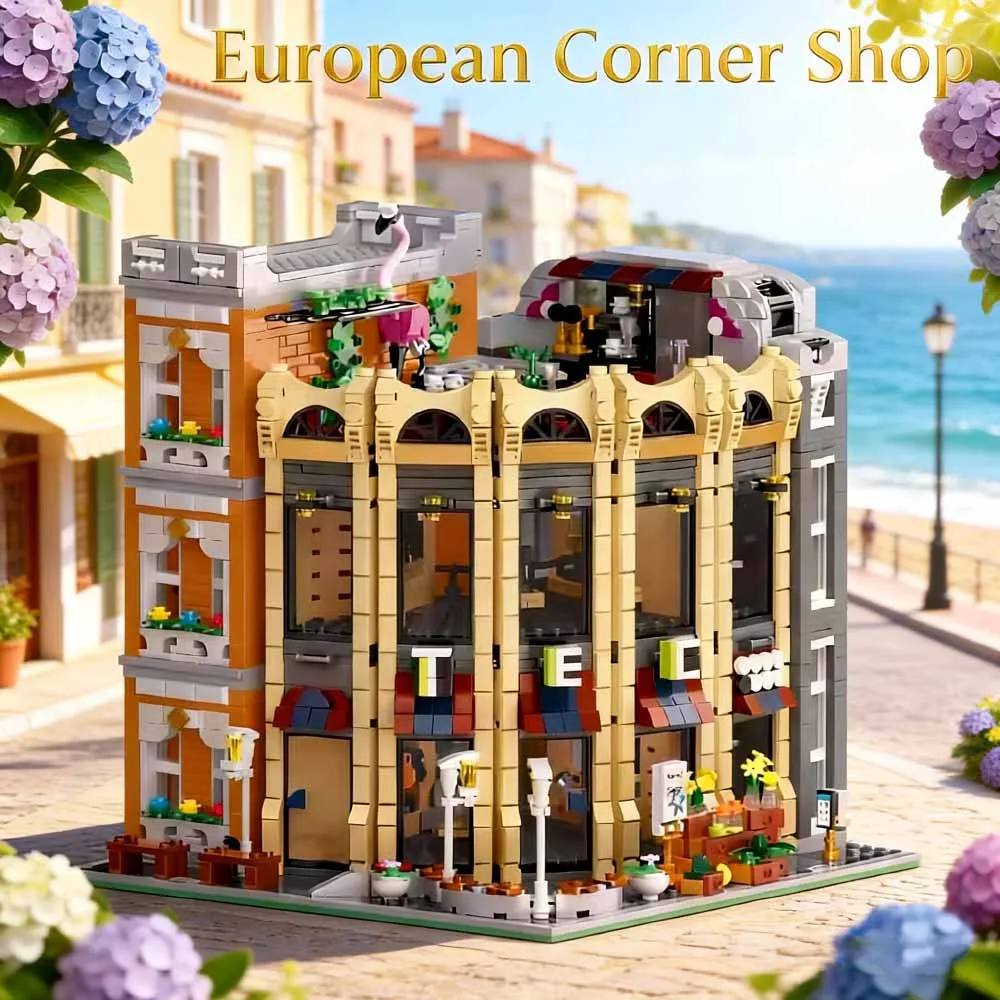 

Креативный конструктор IDEAS 3231 деталь: Магазин с закругленными углами, городской пейзаж, MOC, модель магазина в европейском стиле, игрушка-головоломка, подарок для детей