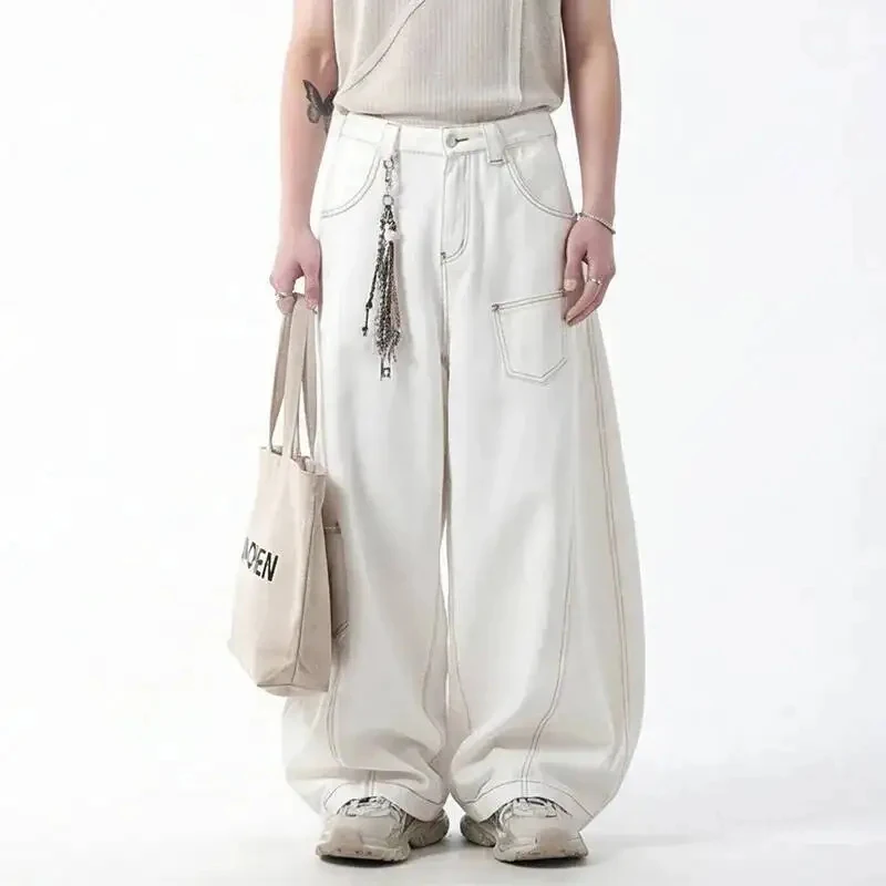 Minimalist Men's Wide Leg Denim Pants White Stitch Detail Baggy Fit Jeans Casual Streetwear Fashion Trousers