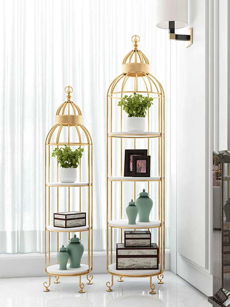 Flower rack, storage rack, Nordic living room, multi-story indoor multifunctional bird cage, floor stand, golden iron art, and