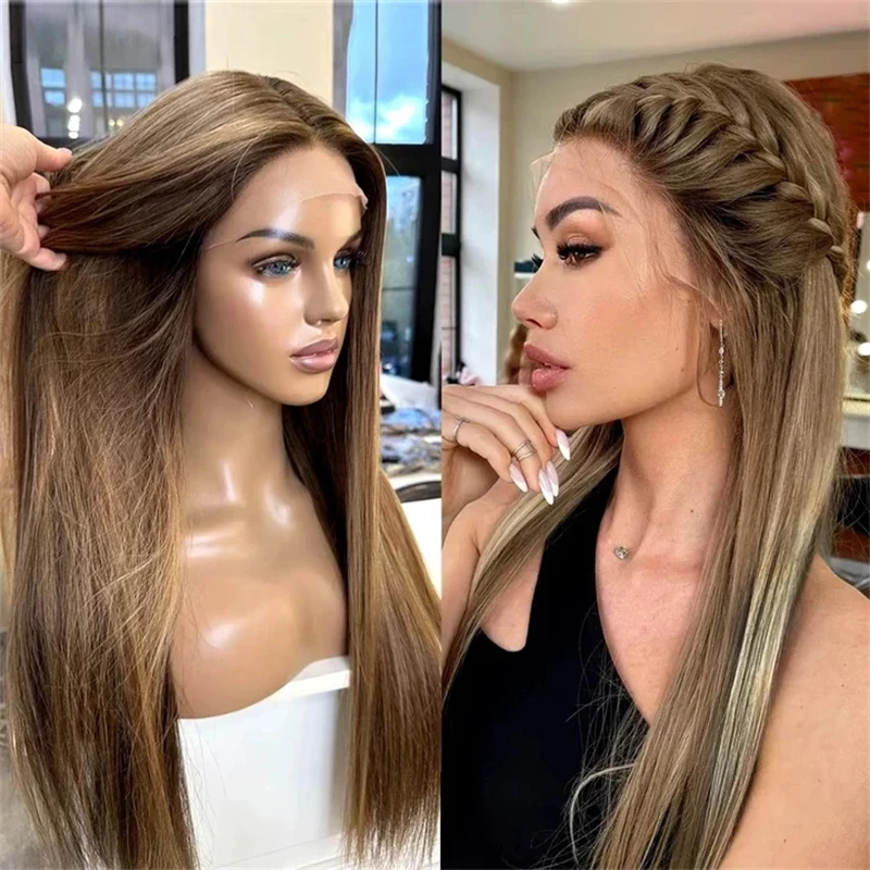 

Высококачественный парик 13x4 Ombre Caramel Brown, безклеевой, синтетический, с HD-кружевной передней частью, с предварительно проработанной линией роста волос, мягкий, длинный, прямой парик