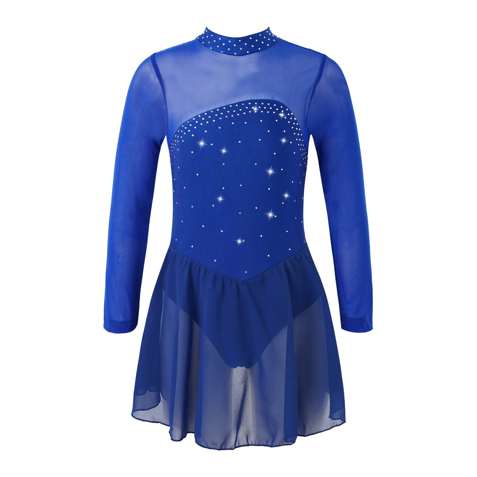 เด็กหญิง Rhinestones เงายิมนาสติกบัลเล่ต์ Jersey Leotards สเก็ตเครื่องแต่งกาย Sheer ตาข่าย Lyrical Dance Leotard ชุด