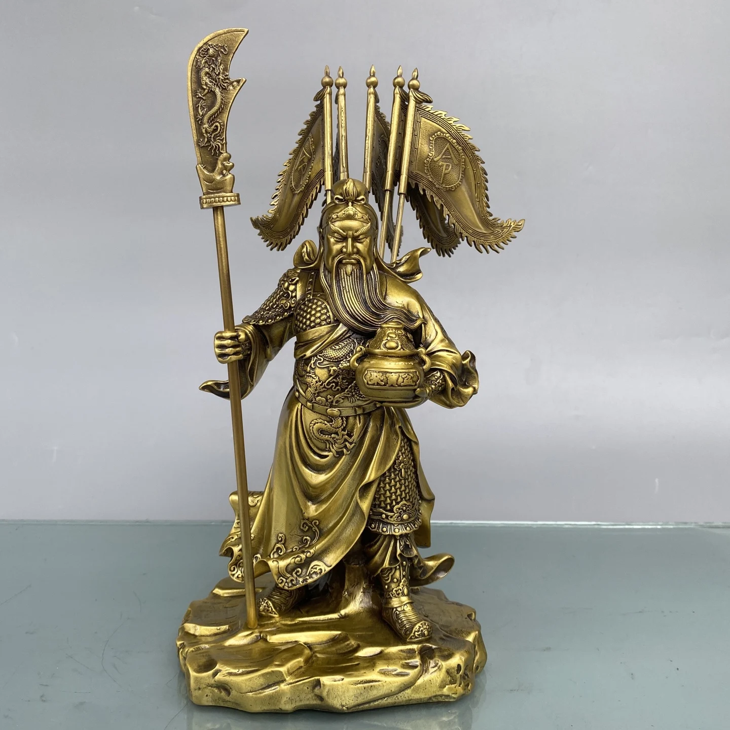 Brass Dragon texture Treasure Bowl Guan Gong standing statue Guandi - sword Guandi Jun Immortal Amass wealth Ornaments
