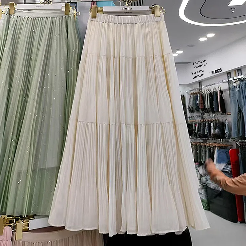 Summer 2025 Women's Midi High Waist A-Line Skirt Pleated Chiffon Cake Skirt plus Size f-length Polyester Fiber Commute Sle