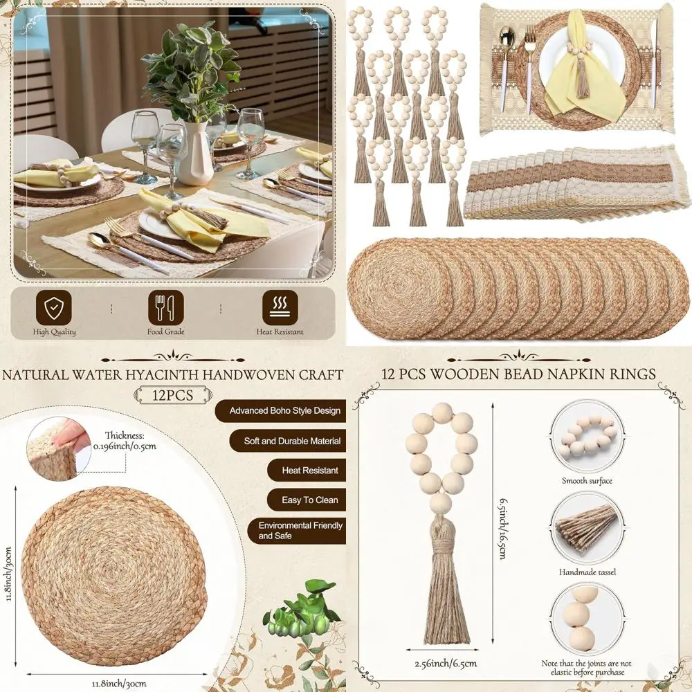 

Spring Cotton Burlap Table Placemats with Macrame Tassels and Beads, 12 Sets of 36 Pieces for Rustic Farmhouse Decor