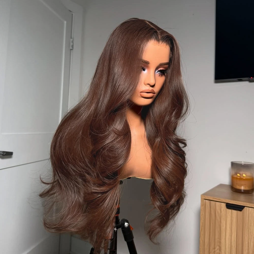 

Объемная волна, кружевной передний парик, прозрачный 13x6, шоколадно-коричневый, HD, кружевные фронтальные парики, синтетические предварительно сорванные цветные темно-коричневые парики