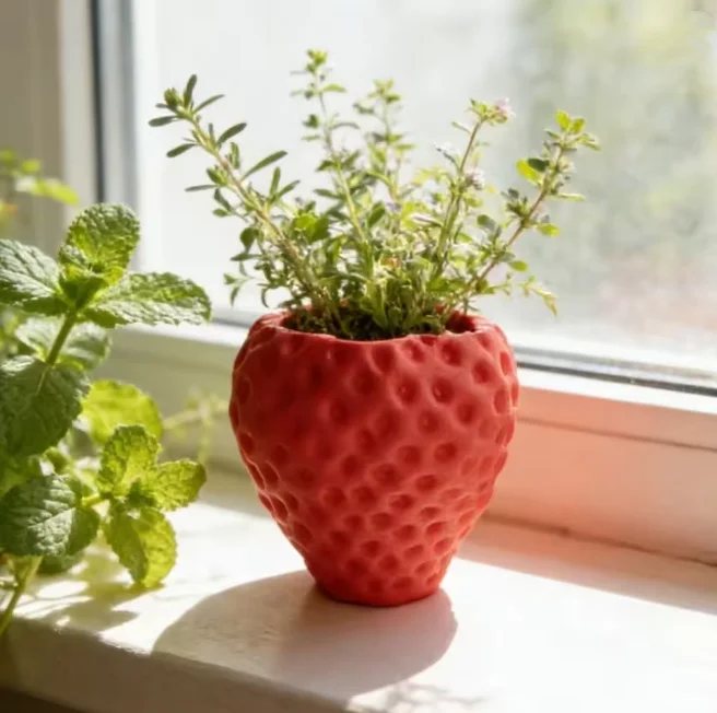 1/2Pcs 3D Printed Strawberry Pot, textured red-pink pastoral planter for desktop succulents & air plants, mini simulated fruit f