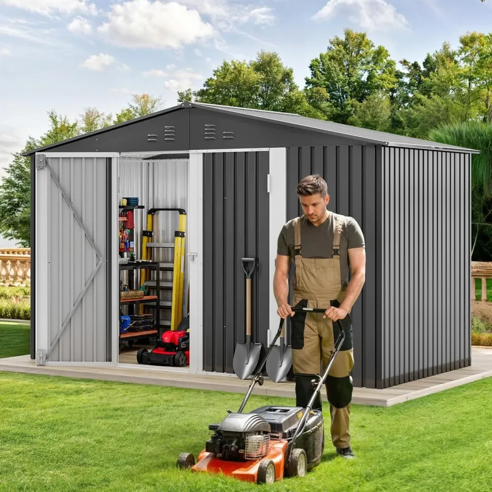 

Outdoor Metal Storage Shed, Sturdy Weatherproof Tool Locker with Secure Door and Ventilation for Equipment, Mowers
