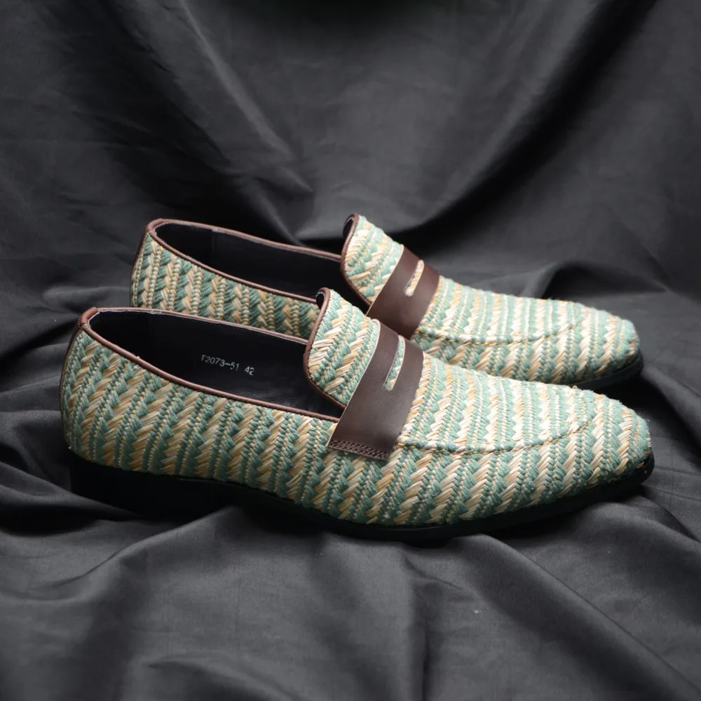 

New Style Men's Breathable Woven Loafers Brown Leather Strap Green Beige Striped Round Toe Casual Slip On Dress Shoes Loafers