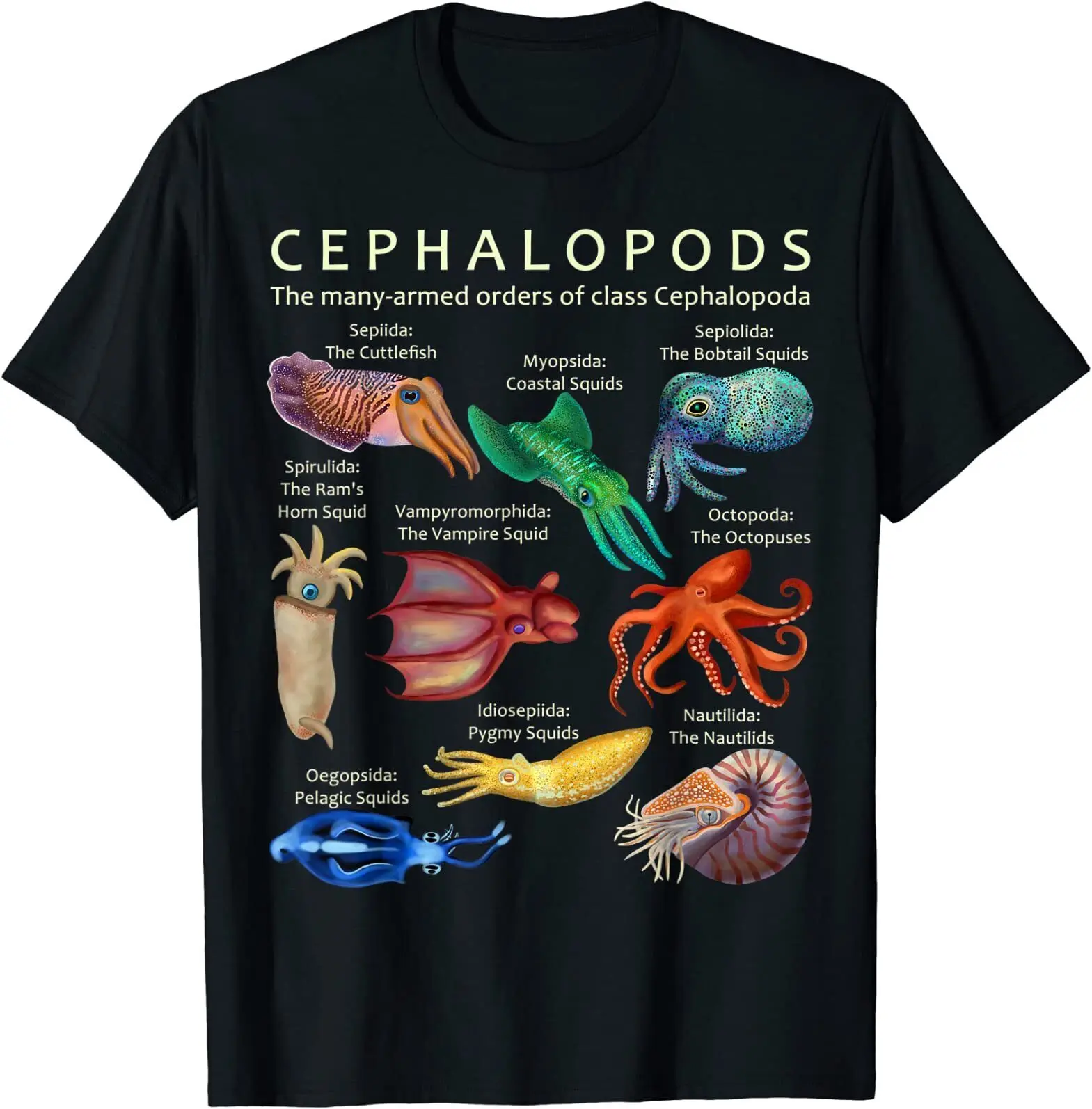 The Cephalopod: Octopus, Squid, Cuttlefish, and Nautilus T-Shirt Size S-5XL