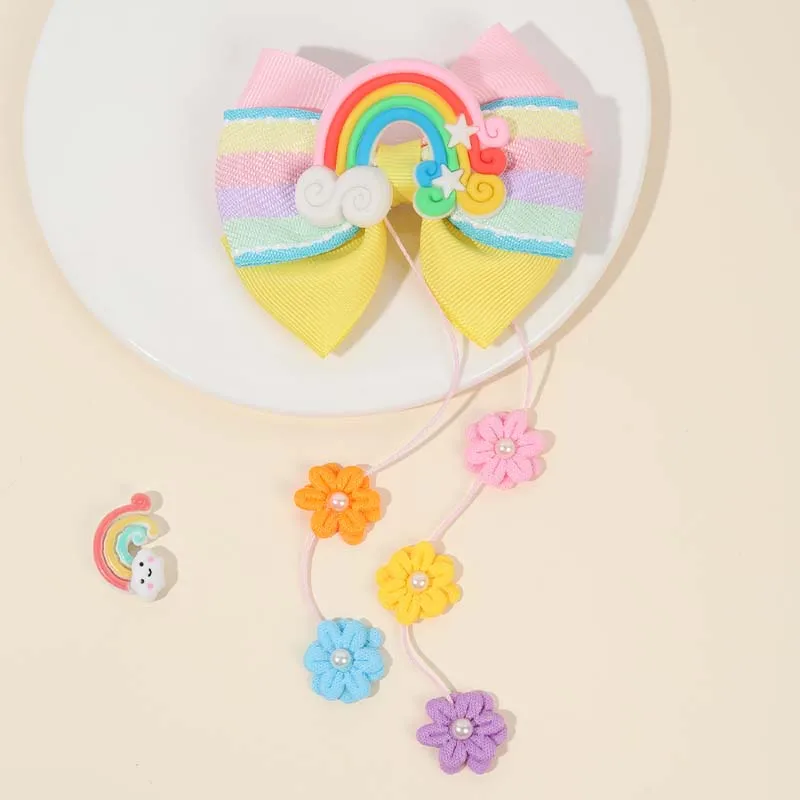 ncmama New Rainbow Hair Bow Clip with Flower Tassel Baby Flower Pearl Bow Hairpin Kids Headwear Girls Hair Accessories Barrettes