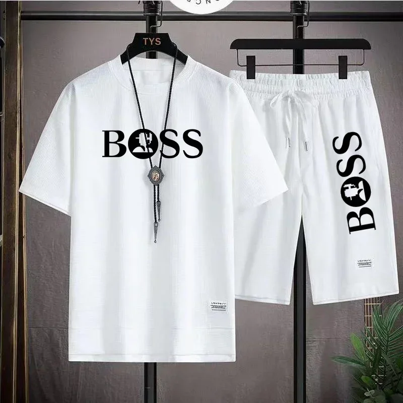 New summer jogging short-sleeved sportswear suit men\'s fitness fashion casual T-shirt + jogging basketball shorts 2-piece set