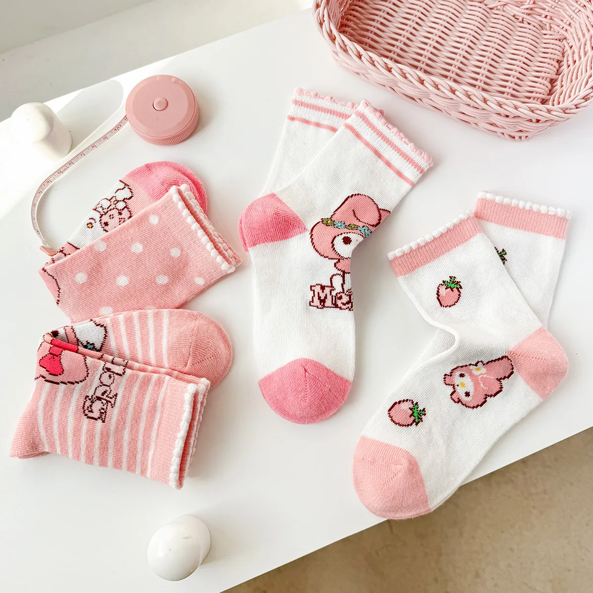 4 Pairs Sanrio Kids Socks Spring and Summer Thin Mesh Breathable Melody Childrens Girl Sock Pink Movement Mid-calf Cotton Sock