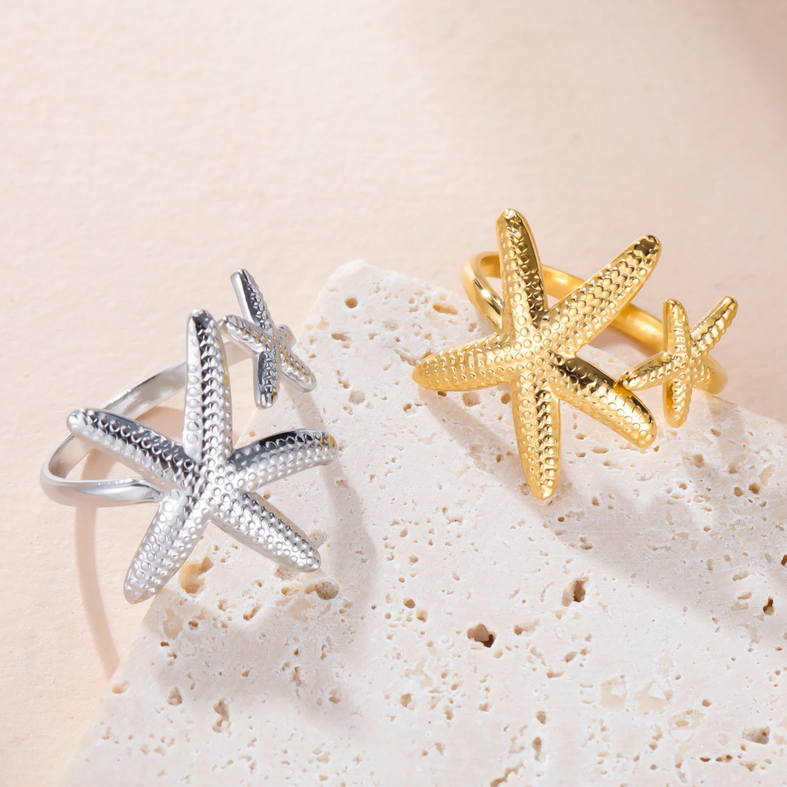 COOLTIME Seestern Muschel Ring für Frauen Edelstahl Gold Farbe Trendy Ozean Offenen Ring Finger Schmuck Geschenk Neue – Detail 7