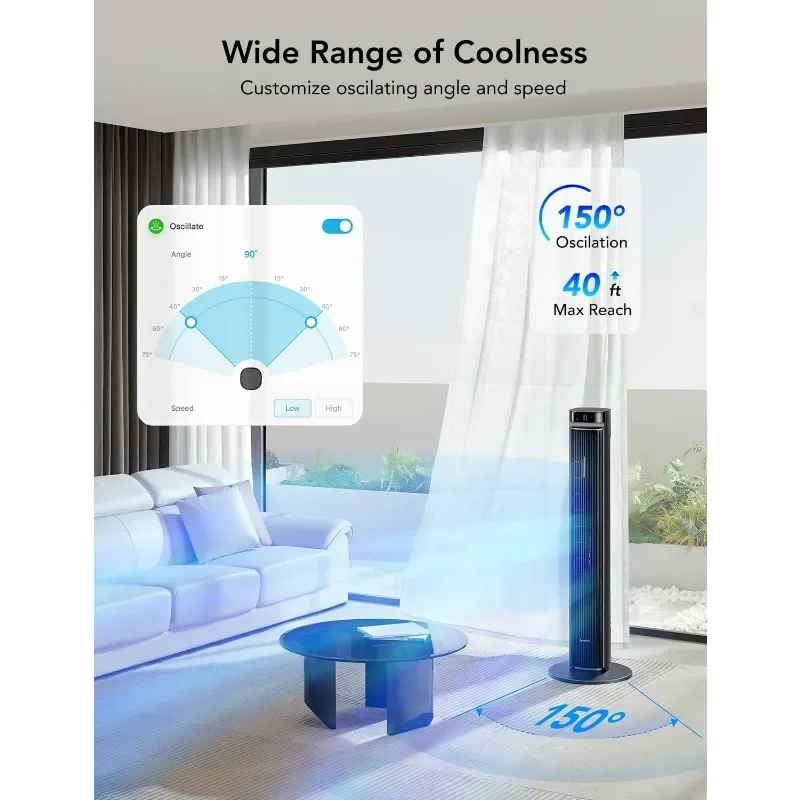 Smart Floor Fans com oscilação ajustável 150 °, APP e controle de voz, 5 modos, 12 velocidades, temporizador 24H, 27dB Quiet