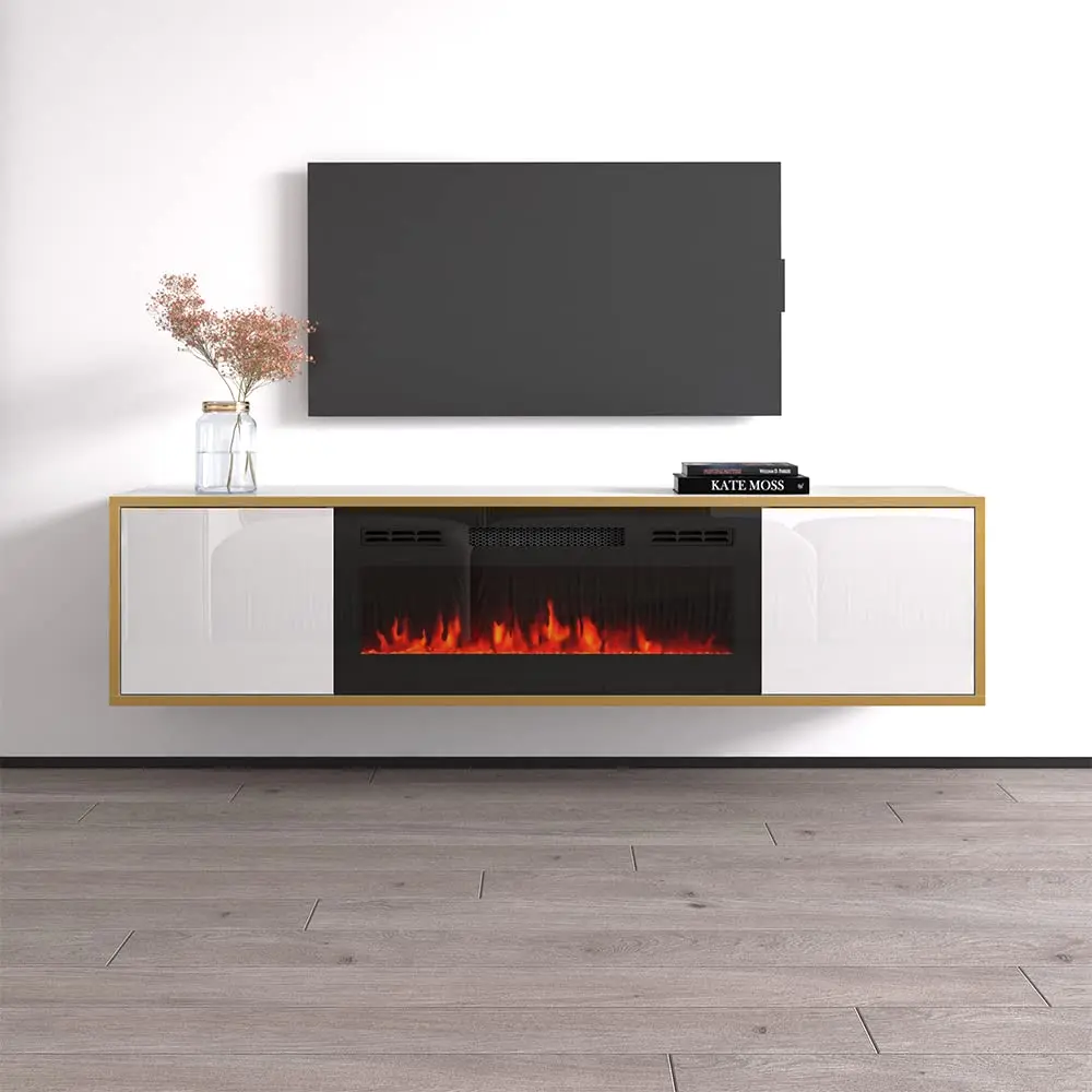 High-Gloss Floating TV Stand with Electric Fireplace & Media Storage, Fits 75
