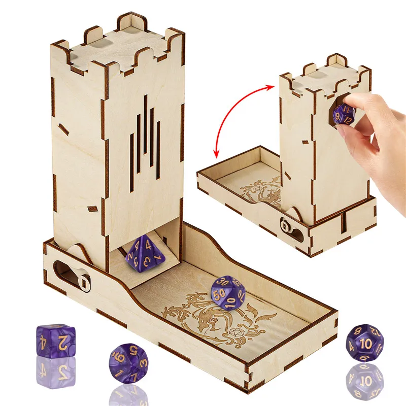 

Portable Double Dragon Wooden Dice Tray Table Board Game Accessory Collapsible Tower Foldable Dice Storage Box