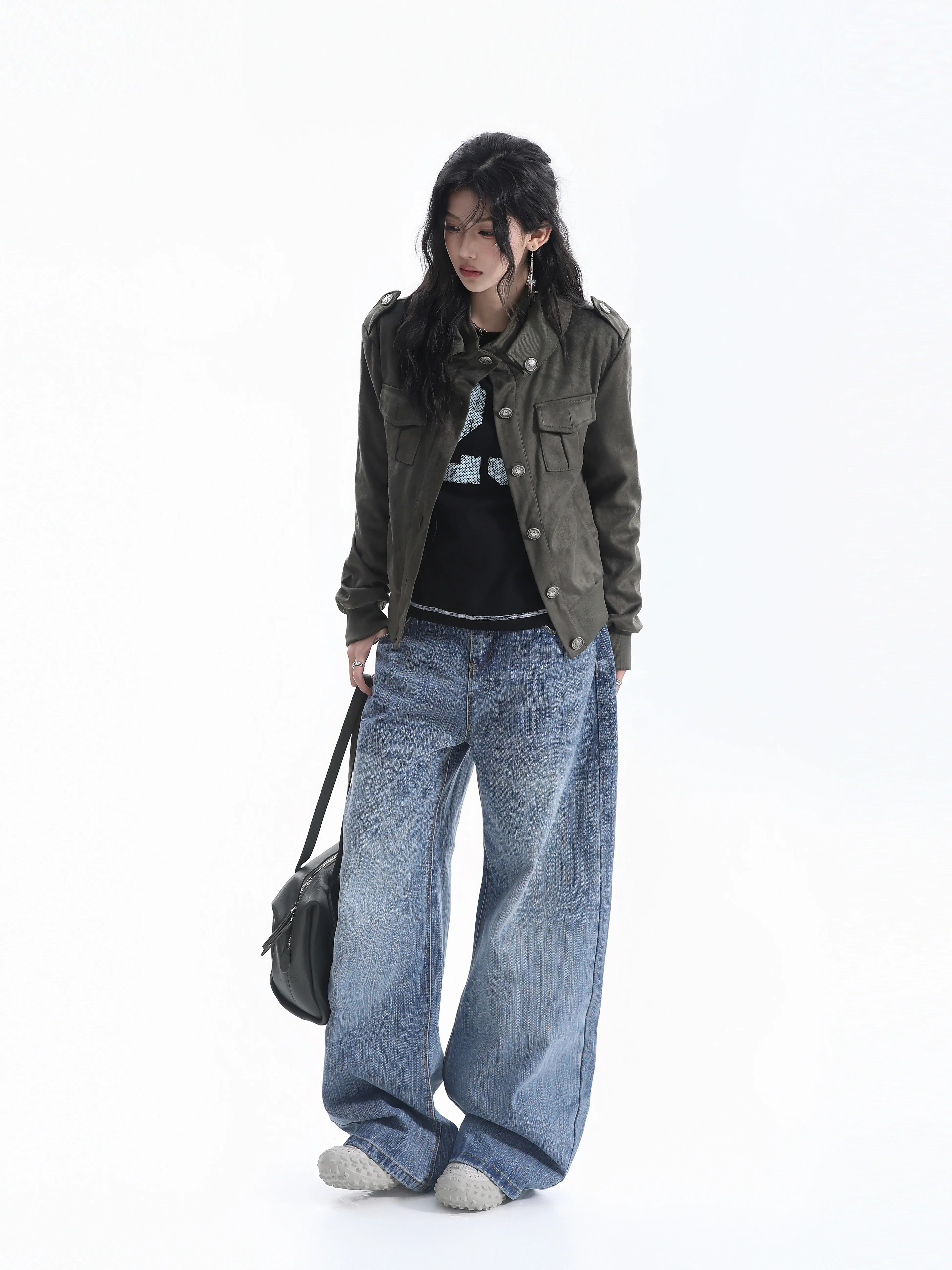 Retro American Style Short Workwear Jacket Women's Shoulder Length Stand Collar Functional Style Outerwear Cardigan