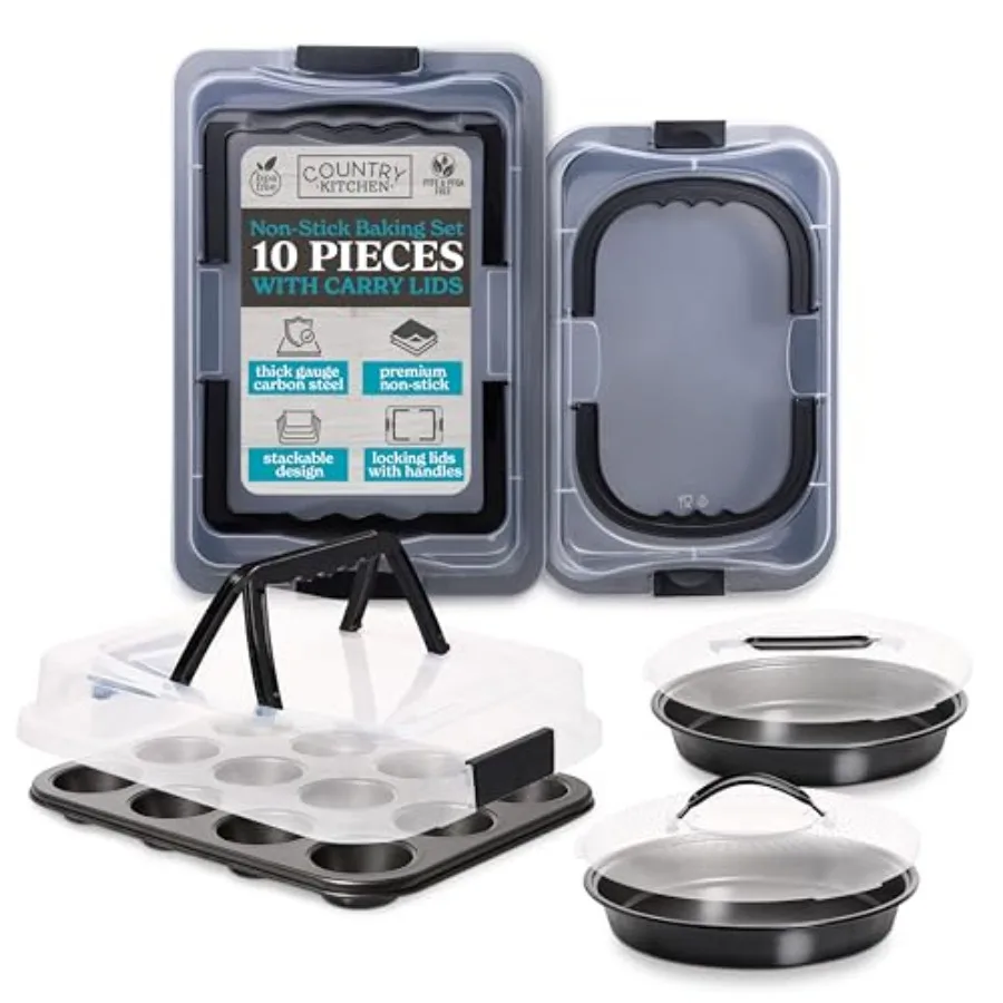 

Baking Pans Set - 10 Pcs Non-Stick Cake Pans with Carry Lids for Easy Storage and Travel Perfect for Parties - Stackable