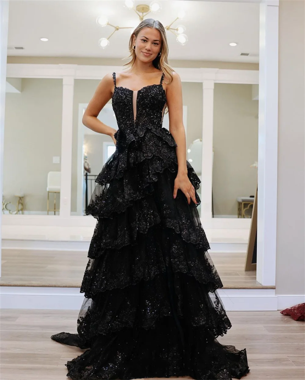 Sansa Black Glitter Prom Dress A-line Multilayer Vestidos De Noche Elegant Sleeveless Side SplitFloor-Length Wedding Dresses