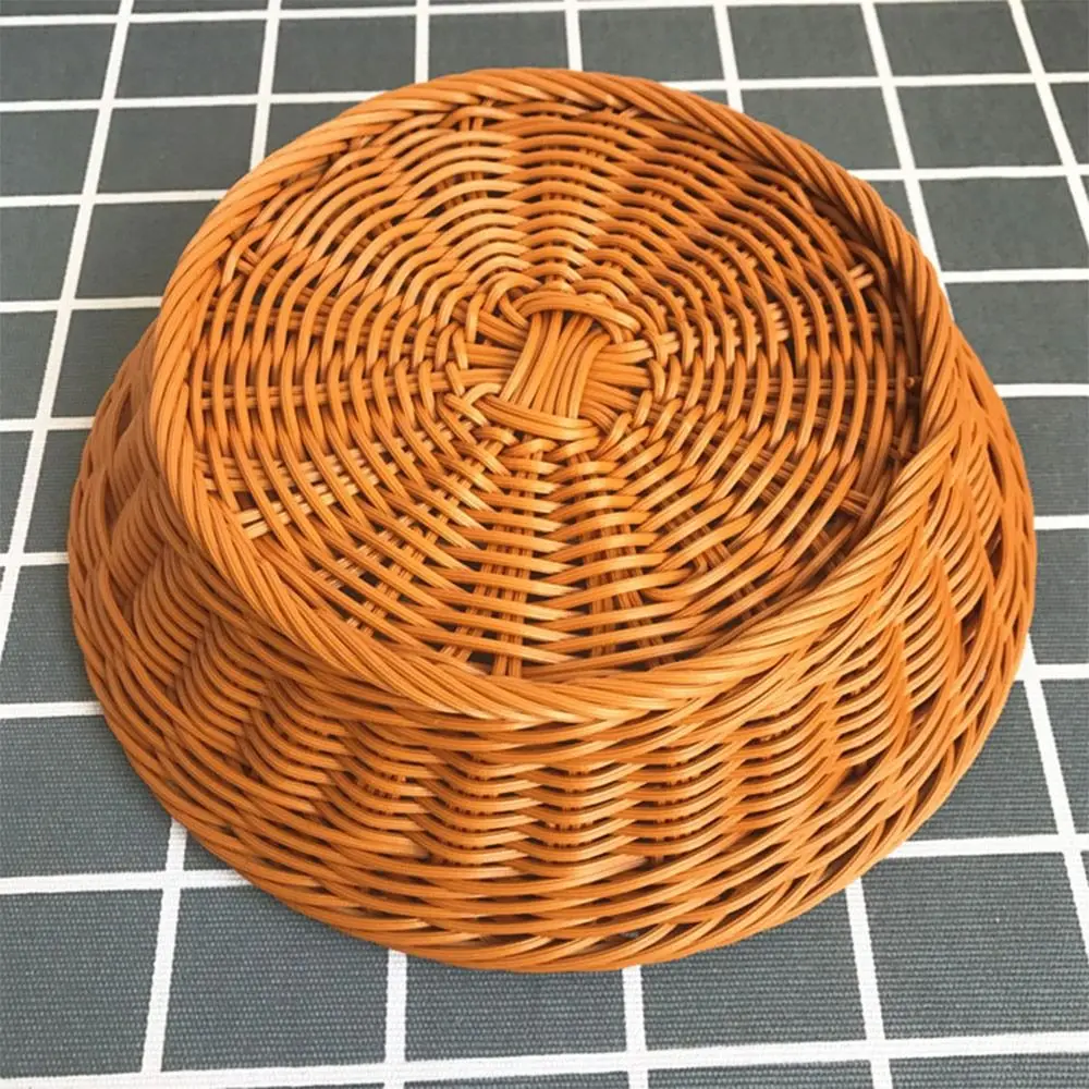 Imitation Rattan Woven Kitchen Storage Basket Round Rectangle Coffee Bread Fruit Tray Vegetables Candy Snacks Sundries Organizer