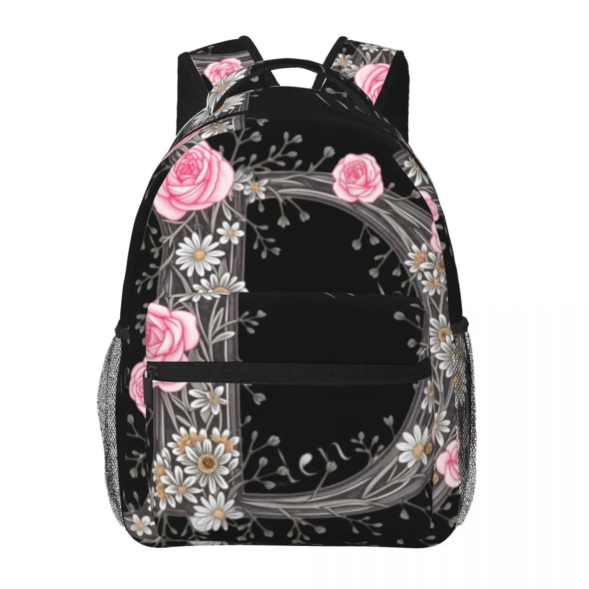 Flower Student Bookbag Center Floral Rose Daisy Monogram D Vintage Botanical Letter Pink White Custom Bookbag for School College