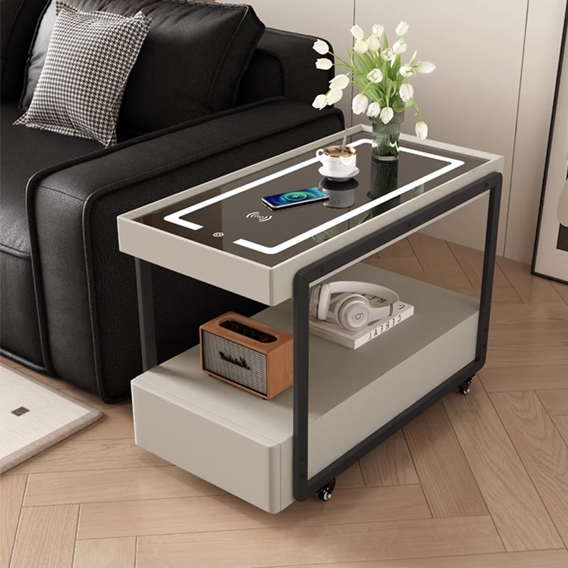 Metal frame Movable sofa side cabinet light luxury solid wood multi-functional coffee table for living room bedroom Furniture