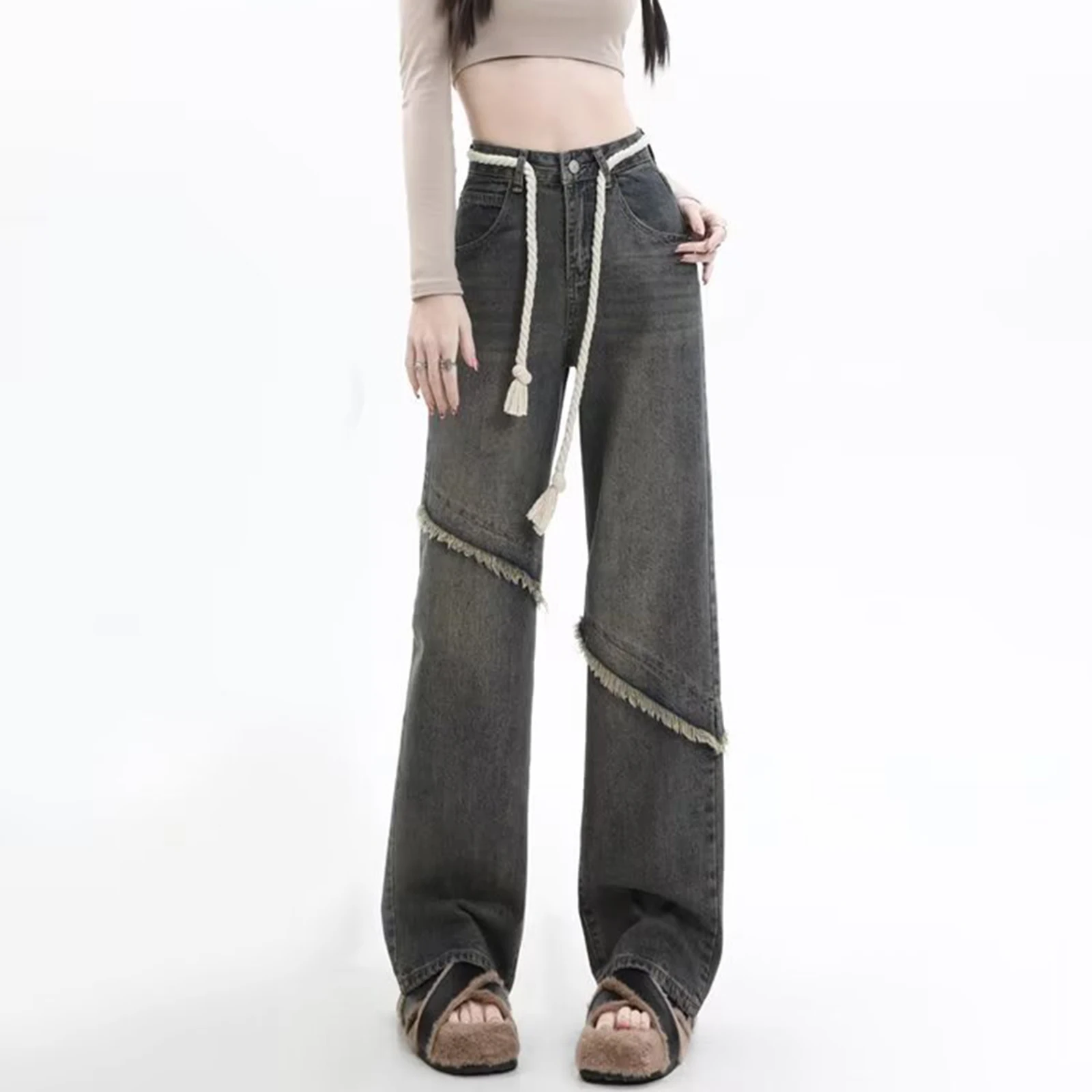 

2024 Spring Autumn Women Spliced Ragged Edge Jeans Y2K Harajuku Street High Waisted Straight Leg Denim Pants Drawstring trousers