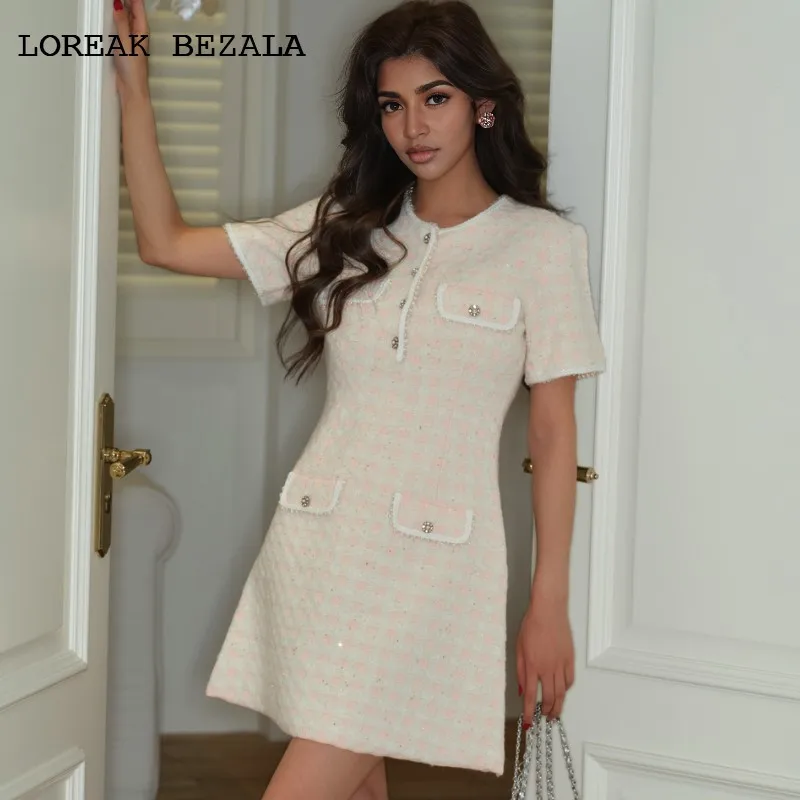 

Pink Thousand Grid Knitted Elastic Dress 2025 Spring/Summer New Fashion Slimming Beaded Short Sleeve Dress